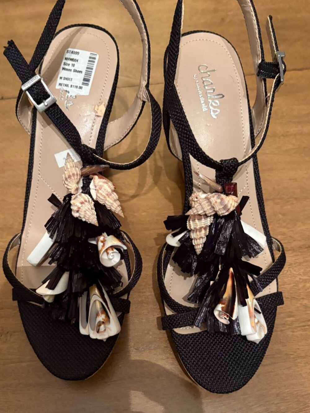 NWT (Other) Charles by Charles David Black Cork Wedge Shell Tassel Sandal. Sz 10 - Picture 4 of 13